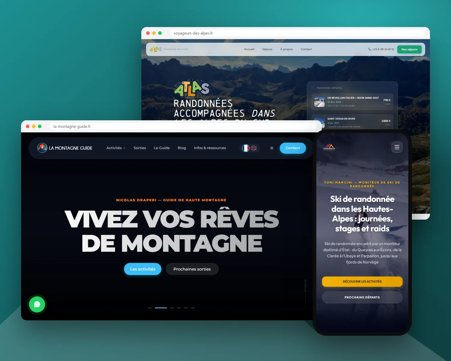 Sites internet réalisés par Face Nord Graphisme : La Montagne Guide, Voyageurs des Alpes et ÉvasionSki sur ordinateur et mobile